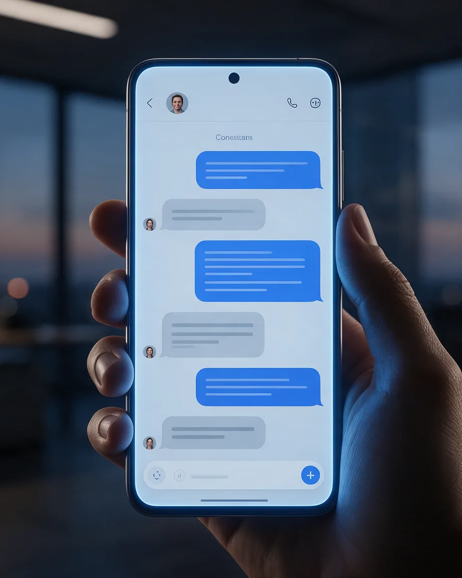Smartphone con una conversazione tra cliente e assistente AI
