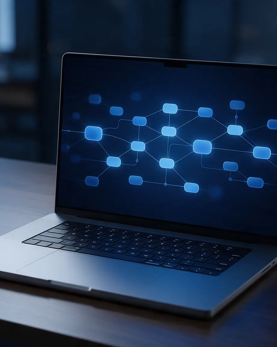 Laptop che mostra un flusso di automazione con nodi collegati
